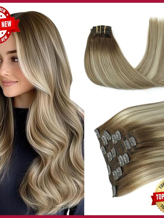 16in Clip-In Human Hair Extensions 7pc Set 120g Heat Stylable